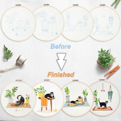 Bonroy 4 Sets Embroidery Set for Beginners, Art Craft, Easy Sewing, Includes Embroidery Clothing, Pattern, Embroidery Hoop, Instruction Manual, Colorful Thread Stitch Set (Cat) - Image 4