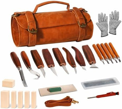 Deluxe Wood Carving Kit, 26Pcs Whittling Tools with 6 Basswood Blocks & Leather Case, High-Carbon Steel Knives, Safety Gloves, Woodworking Set for Beginners Adults DIY Craft Gifts by Mointech