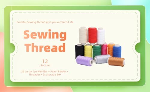 12 Pack, Sewing Thread (400 Yards Each) Premium Polyester Thread + 25 Large Eye Needles + Seam Ripper & Threader with Storage Box ，Used for Sewing Clothes, Quilts, Embroidery and Other Fabrics - Image 2