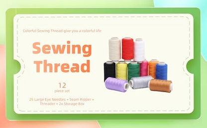 12 Pack, Sewing Thread (400 Yards Each) Premium Polyester Thread + 25 Large Eye Needles + Seam Ripper & Threader with Storage Box ，Used for Sewing Clothes, Quilts, Embroidery and Other Fabrics - Image 2