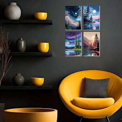 4 Pack Framed Paint By Numbers Kit for Adults Beginner Starry Night Adult Paint By Number Kits on Canvas Landscape Painting By Numbers for Adults with Frame Diy Painting Kits for Home Wall Art 8x12 In - Image 3