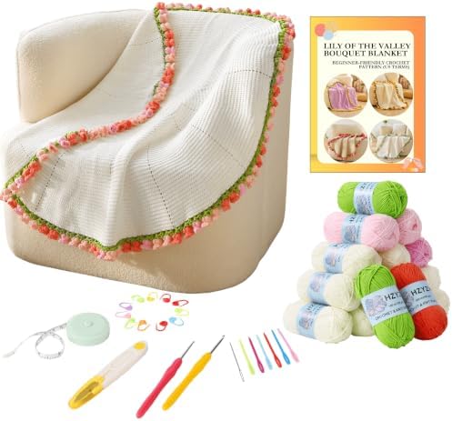 Crochet Flower Blanket Kit for Beginners, 40'' Lily of The Valley Bouquet, Blanket Shawl Throw Kits for Adults, How to Knitting with Yarn, Home Decor Gifts for Crocheters (White-Pink Lily) by HZYZW