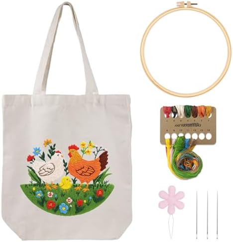 Louise Maelys Embroidery Kit Canvas Tote Bag, Chicken Floral Pattern by LouiseMaelys