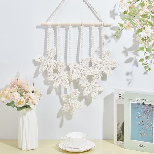 PLIGREAT DIY Flower Wall Hanging Macrame Kit Beige Handmade Woven Tapestry Macrame Knotting Ornament Kit for Nursery Bedroom Living Room Apartment Room Hanging Decor Macrame Wall Art Kit for Beginner - Image 2
