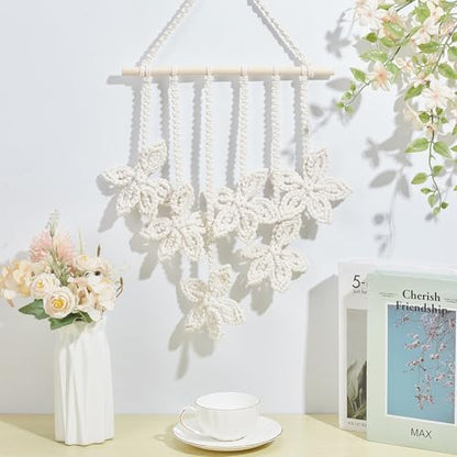 PLIGREAT DIY Flower Wall Hanging Macrame Kit Beige Handmade Woven Tapestry Macrame Knotting Ornament Kit for Nursery Bedroom Living Room Apartment Room Hanging Decor Macrame Wall Art Kit for Beginner - Image 2