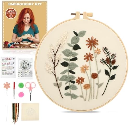 Beginner Flower Embroidery Kit for Adults, Pre-Printed with Video Tutorial by JOINRUN