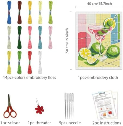FREEBLOSS 11CT Cocktail Stamped Cross Stitch Kits Full Embroidery Kits with Instruction Cross Stitch Wall Hanging Kit for Needlepoint Adults Wall Art Decoration 16x20in/40x50cm - Image 2