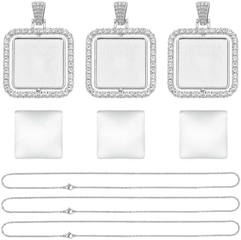 24Pcs 6 Sets Cabochon Necklace Kit Square Bezel Pendant Trays with Glass Cabochons and Chain Rhinestone Rotatable Double Sided Bezel Charms for Jewelry Making Supplies Necklace Gift Adults - Image 7