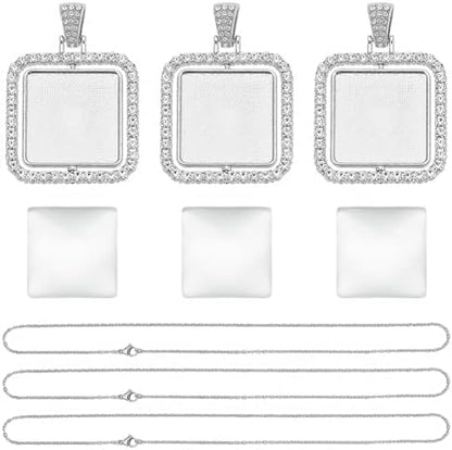 24Pcs 6 Sets Cabochon Necklace Kit Square Bezel Pendant Trays with Glass Cabochons and Chain Rhinestone Rotatable Double Sided Bezel Charms for Jewelry Making Supplies Necklace Gift Adults - Image 7