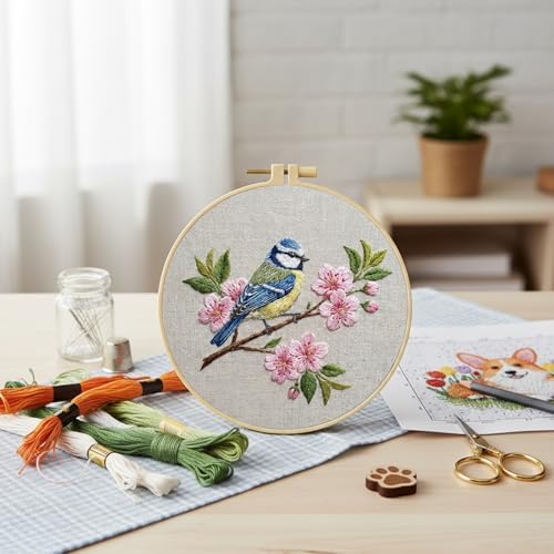 FRANDEK DIY Peach Blossom Bird Stamped Embroidery Kit with Hoop for Adults - Image 4