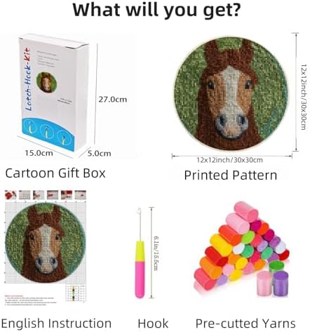Latch Hook Rug Kit Cute Brown Horse with Green Color Easy for Beginners Round Shape Carpet Crochet Yarn Craft Mini Rug DIY Hook and Latch Little Tapestry for Home Decor 30x30cm-2 - Image 2