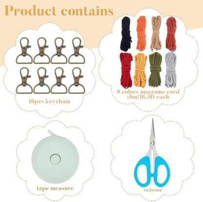 BEUNITONE 16 Sets Macrame Tassel Keychain Kit for Adults Colorful Macrame Cord Knotting Kit Boho Mini Macrame Tassel Keychain with Instruction mini Keychain for Car Key Purse Phone Wallet Charm - Image 2