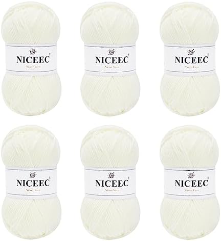 NICEEC 300g Soft Assorted Colors Yarn 100% Acrylic 870yds -White by NICEEC