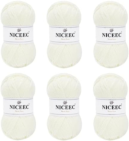 NICEEC 300g Soft Assorted Colors Yarn 100% Acrylic 870yds -White by NICEEC