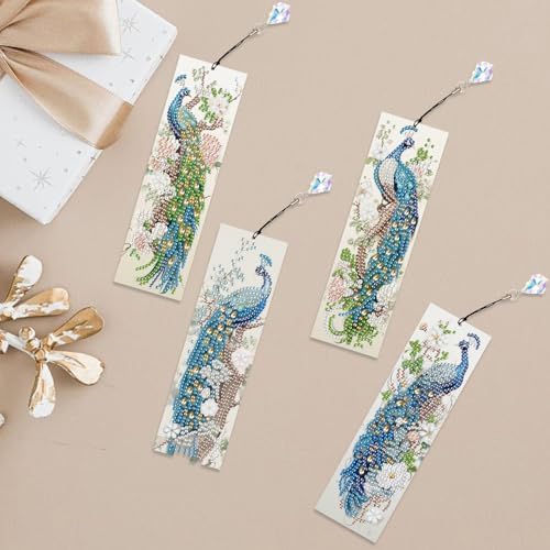 MVVMTOP 4pcs Diamond Painting Bookmark with Crystal Pendant, DIY Peacock, Special Shape Crystal Craft Partial Drill, 5D Diamond Art Handmade Bookmark, Reading Accessories and Gift for Book Lovers - Image 7