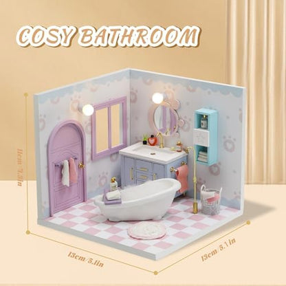 Kisoy Dollhouse Miniature with Furniture Kit, DIY 3D Wooden DIY House Kit A Corner of a Small Apartment Style with Dust Cover & LED,Handmade Tiny House Toys for Kids Adults Gift (Bathroom) - Image 2