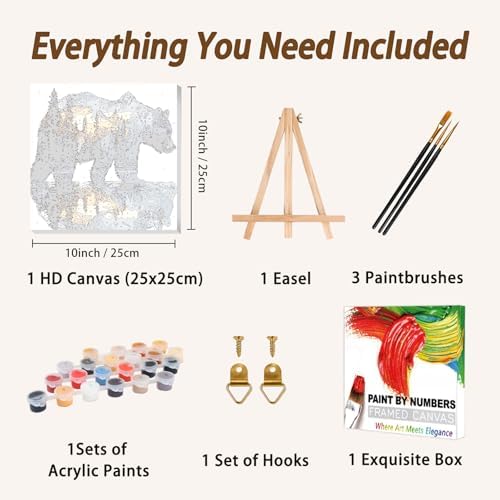 AUKELHJ Framed Paint by Numbers Kit for Adults, Bear, 10x10 inch - Image 5