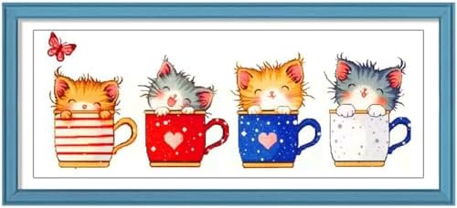 Zhenqing Teacup Cats Stamped Cross Stitch Kit - 11CT 17x37cm 4 Cats in Cups Design, Pre-Printed Colorful Pattern for Beginners (66963) by ZhenqingHomeFlagship