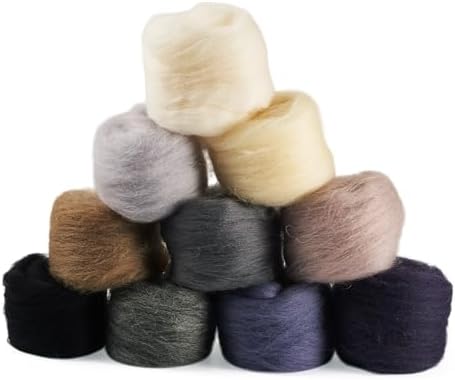 FASHEWELRY 1.76 oz Wool Roving for Needle Felting Kit 10 Colors Felting Wool Yarn Core Wool Felt Craft Kit for Adult Beginners Felted Crafts DIY Materials Hand Spinning Supplies Gray Black by FASHEWELRY