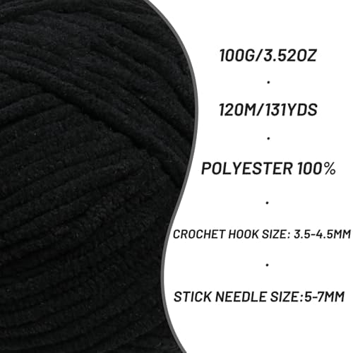 3 Packs Plush Chenille Chunky Crochet Yarn - Baby Yarn for Crocheting Soft - Velvet Yarns Knitting for Blankets Crafts - Fluffy Amigurumi Yarns 300g / 393yd (3 Black) - Image 2