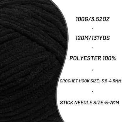 3 Packs Plush Chenille Chunky Crochet Yarn - Baby Yarn for Crocheting Soft - Velvet Yarns Knitting for Blankets Crafts - Fluffy Amigurumi Yarns 300g / 393yd (3 Black) - Image 2