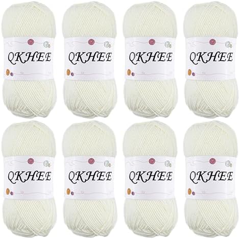 Yarn for Crocheting and Knitting 8 * 1.76 Oz (50G) /195yd, Fine/Fingering Weight (1), 60% Cotton 40% Acrylic Soft Yarn kit for Making Granny Squares and amigurumi (MilkyWhite) by QKHEE