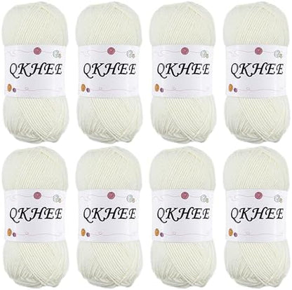 Yarn for Crocheting and Knitting 8 * 1.76 Oz (50G) /195yd, Fine/Fingering Weight (1), 60% Cotton 40% Acrylic Soft Yarn kit for Making Granny Squares and amigurumi (MilkyWhite) by QKHEE