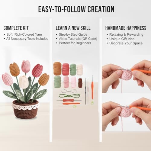 ADDZRZR Tulip Crochet Plants Kit for Starters, Complete Easy Crochet Set for Beginners Adults with Step-by-Step Tutorials, Unique Friend Gifts for Women - Image 4