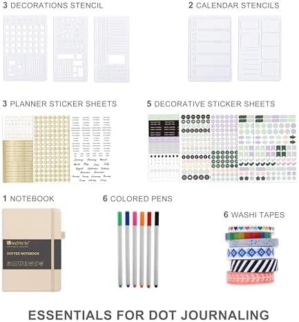 &And Per Se Dotted Journal Kit, A5 Hardcover Dot Grid Journal Notebook Set for Beginners with Journaling Supplies Stencils, Stickers, Washi Tapes & Colored Pens Accessories (Light Apricot) - Image 4