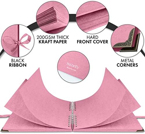 Bstorify Square Scrapbook Photo Albums 8 x 8 Inch Pink Thick Paper, Hardcover, Metal Corners, Ribbon Closure - Ideal for Your Scrapbooking Albums, Art & Craft Projects - Image 3