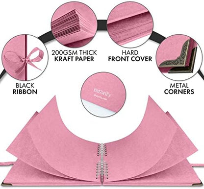Bstorify Square Scrapbook Photo Albums 8 x 8 Inch Pink Thick Paper, Hardcover, Metal Corners, Ribbon Closure - Ideal for Your Scrapbooking Albums, Art & Craft Projects - Image 3