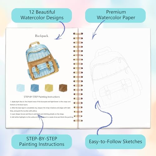Easy Watercolor Workbook for Beginners - 12 Beautiful Step-by-Step Paintings Water Coloring Book, Includes 16 Colors Paints, Relaxing Art Projects and Creative Gift for Adults & Teen (Travel) - Image 3