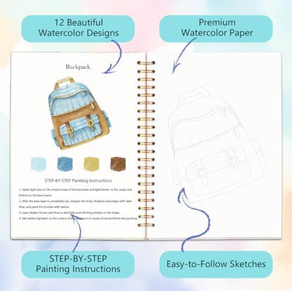 Easy Watercolor Workbook for Beginners - 12 Beautiful Step-by-Step Paintings Water Coloring Book, Includes 16 Colors Paints, Relaxing Art Projects and Creative Gift for Adults & Teen (Travel) - Image 3