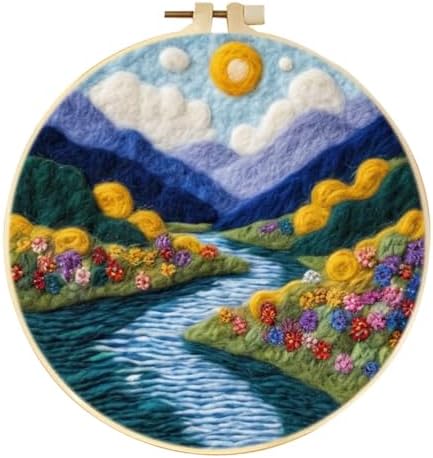 CaptainCrafts DIY Needle Felting Starter Kit with Picture Hoop, Foam Pad Felt Cloth Instructions for Home Decoration Beginner Art Craft (Mountain Scenery River) by CaptainCrafts
