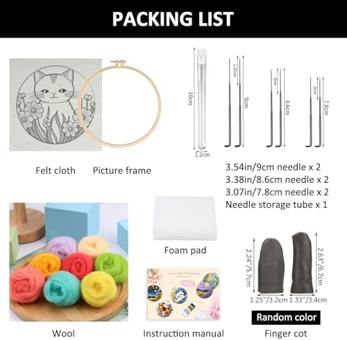 Zovylks Needle Felting Kit for Adults, 7.9 Inch Wool Felt Painting DIY Craft Set for Beginners, Needle Felt Starter Kit with Picture Frame, Foam Pad, Finger Cot (White Cat) - Image 3