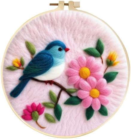 Zovylks Needle Felting Kit for Adults, 7.9 Inch Wool Felt Painting DIY Craft Set for Beginners, Needle Felt Starter Kit with Picture Frame, Foam Pad, Finger Cot (Pink Flower Blue Bird) by Unknown