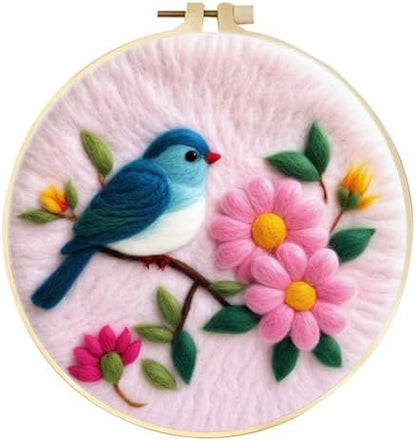Zovylks Needle Felting Kit for Adults, 7.9 Inch Wool Felt Painting DIY Craft Set for Beginners, Needle Felt Starter Kit with Picture Frame, Foam Pad, Finger Cot (Pink Flower Blue Bird) by Unknown