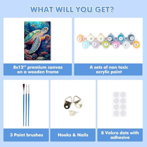 Bowetile Framed Paint by Numbers Sea Turtle for Adults Beginners, Adults' Paint-by-Number Kits, Easy Adult Paint by Number Kits on Canvas, Acrylic Animals Number Painting for Home Decor, 8x12in - Image 6
