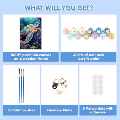 Bowetile Framed Paint by Numbers Sea Turtle for Adults Beginners, Adults' Paint-by-Number Kits, Easy Adult Paint by Number Kits on Canvas, Acrylic Animals Number Painting for Home Decor, 8x12in - Image 6