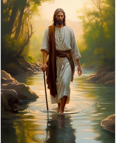 Natuyalo Paint by Numbers Kit for Adults Beginners and Kids, 16" Wx20 L Canvas Pictures Drawing Acrylic Paintwork with 3 Pcs Paintbrushes, Jesus Walking in the Rriver by Natuyalo
