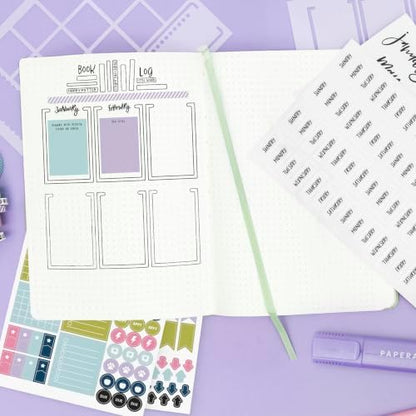 PAPERAGE Bullet Journal Kit, Dotted Journaling Set & Stationary Kit, Hardcover Dotted Journal Notebook (Raspberry), 12 fineliner Pens, 8 Sticker & 3 Stencil Sheets, 6 Washi Tapes - Image 5