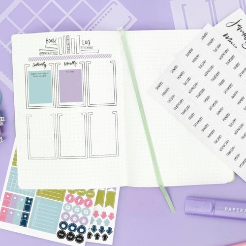 PAPERAGE Bullet Journal Kit, Dotted Journaling Set & Stationary Kit, Hardcover Dotted Journal Notebook (Sage Green), 12 fineliner Pens, 8 Sticker & 3 Stencil Sheets, 6 Washi Tapes - Image 5