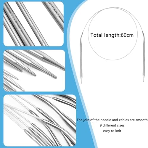 Circular Knitting Needles Set,9 Pack Stainless Steel Knitting Needles Kit (24 Inch/60cm),Round Short Metal,9 Sizes from 2mm-6mm,with Small Tools for Beginners,Making Sock,Doll Clothes,Weave DIY Lover - Image 3