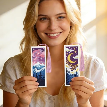 INFUNLY 6 Pack Night Scenery Cross Stitch Bookmark Kit, Dark Mountain Moon Sky Landscape, Stamped Pre-Printed Embroidery Set for Adults Beginners, DIY Craft Gift - Image 7