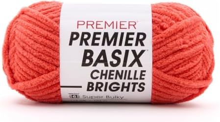 Premier Basix Chenille Brights Yarn, Plush Bulky Chenille Yarn for Crocheting & Hand Knitting, Soft Yarn for Cozy Projects, Chunky Yarn for Hand Knitting, Hot Coral by Premier