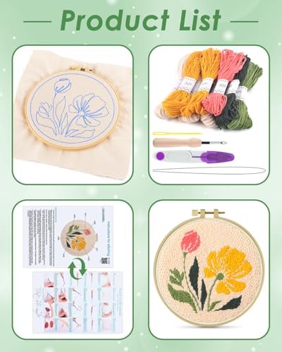 ERKOON Punch Needle Kit Adults Beginners, DIY Easy Floral Embroidery Set for Starter Art Craft, Needling Punch Project with Patterns, Tools, Yarns, Hoop, Instruction (Rhubarb Flowers) - Image 2