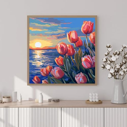 Artunion Framed Paint by Numbers Kit for Adults Beginners & Kids Ages 8-12,Sunset Tulip Flower Paint by Number with Frame,Floral Paint by Numbers Kit on Canvas 10 * 10 Inch Without Easel - Image 2