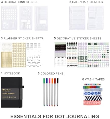 &And Per Se Dotted Journal Kit, A5 Hardcover Dot Grid Journal Notebook Set for Beginners with Journaling Supplies Stencils, Stickers, Washi Tapes & Colored Pens Accessories (Black) - Image 5
