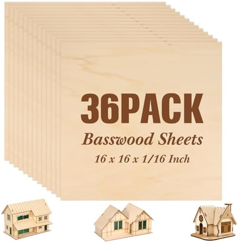 Riakrum Basswood Sheets Plywood Board Unfinished Wood Boards for Crafts for DIY Laser Projects Architectural Mini House Building Hobby Model Making(16 x 16 x 1/16 Inch,1) by Riakrum