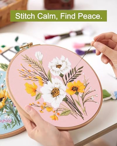 Santune 3 Pack Flower Embroidery Kit for Beginners Adults Cross Stitch Needlepoint Kits Hand Craft with Plant Patterns,3 Instructions,1 Hoop,Threads and 6 Needles - Image 4